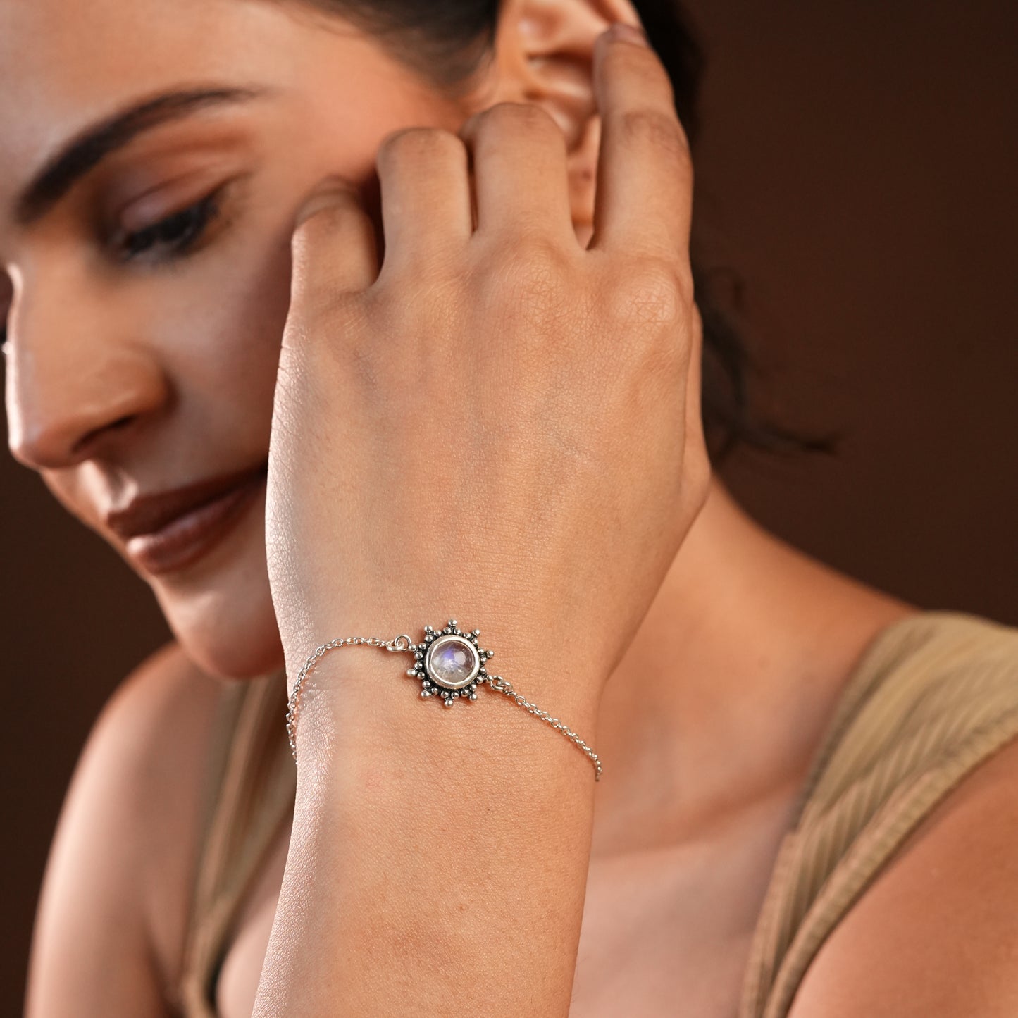 Dainty Moon Stone Silver Bracelet
