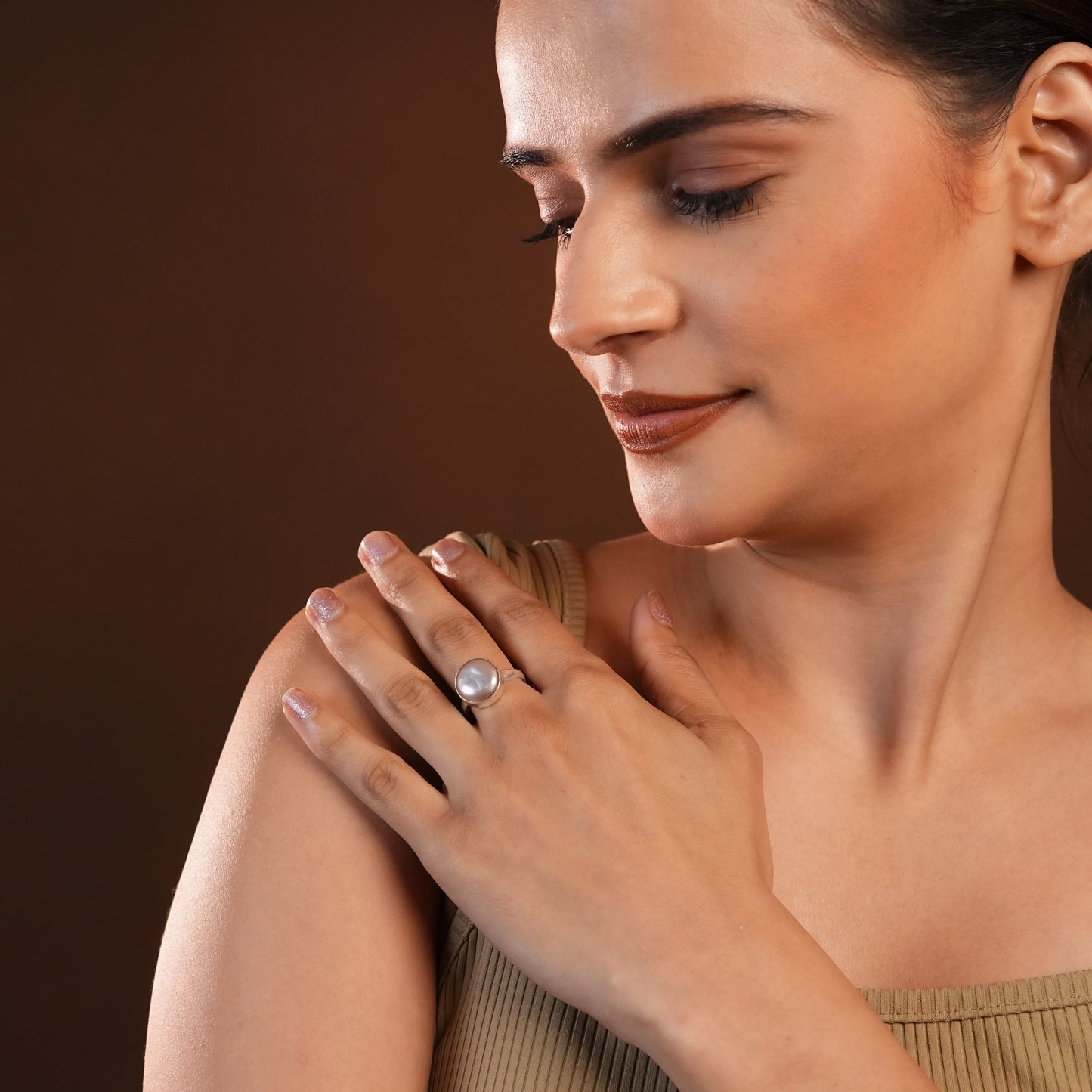 Peach Freshwater Coin Pearl Ring