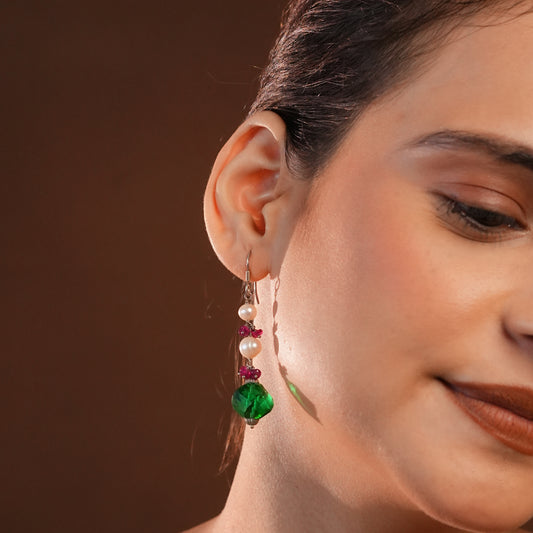 Green Sheen Pearl And Green Crystal Earrings