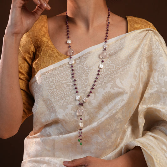 Ruby Rose Quartz Freshwater Pearls Silver Necklace