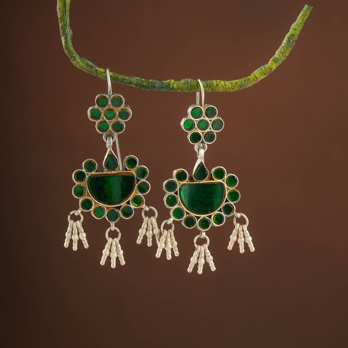 Madhu Chandrika Green Flower Silver Earrings