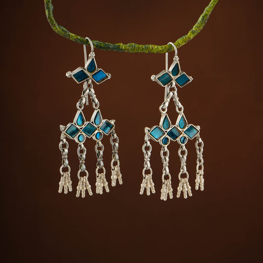 Madhu Chandrika Blue Barfi Silver Danglers