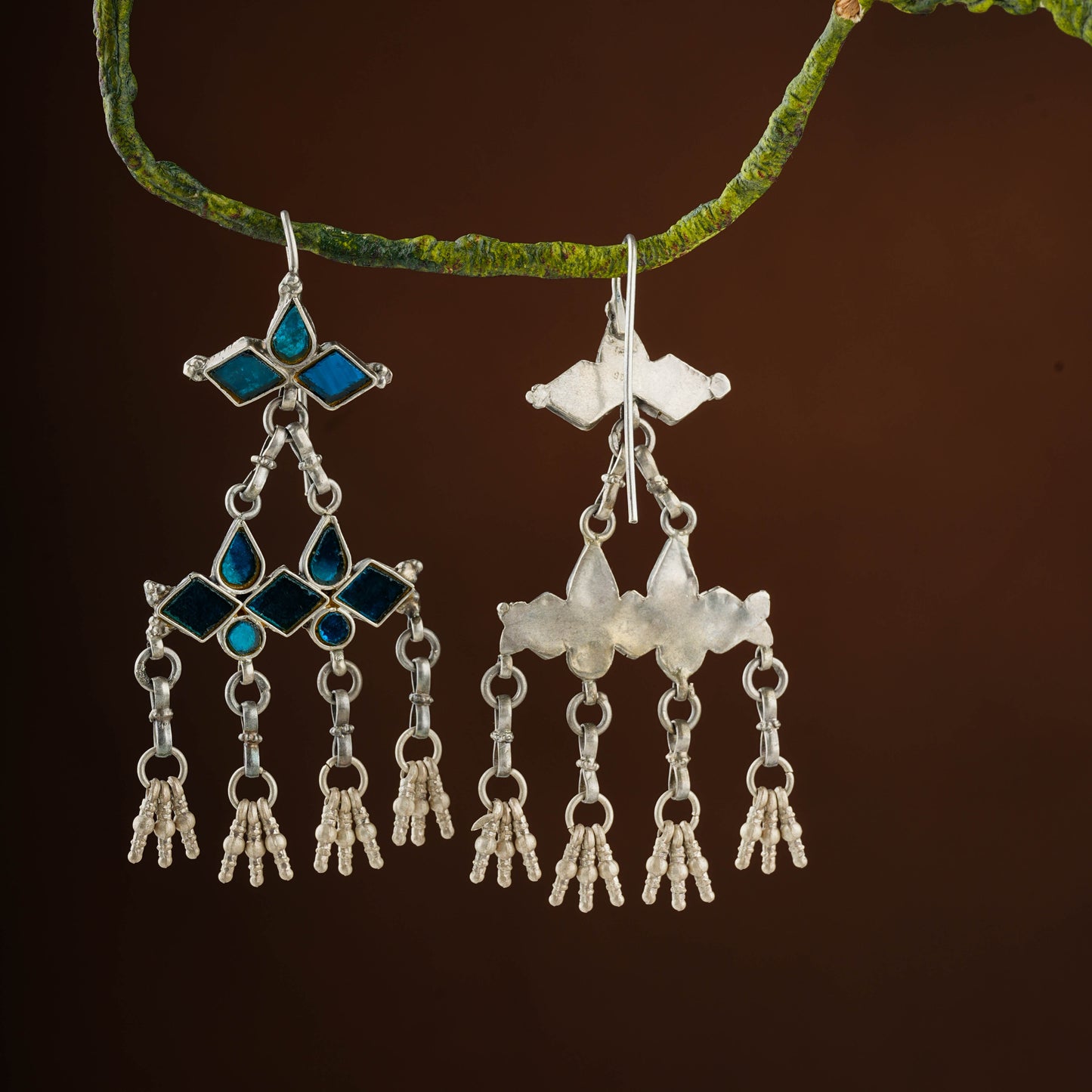 Madhu Chandrika Blue Barfi Silver Danglers