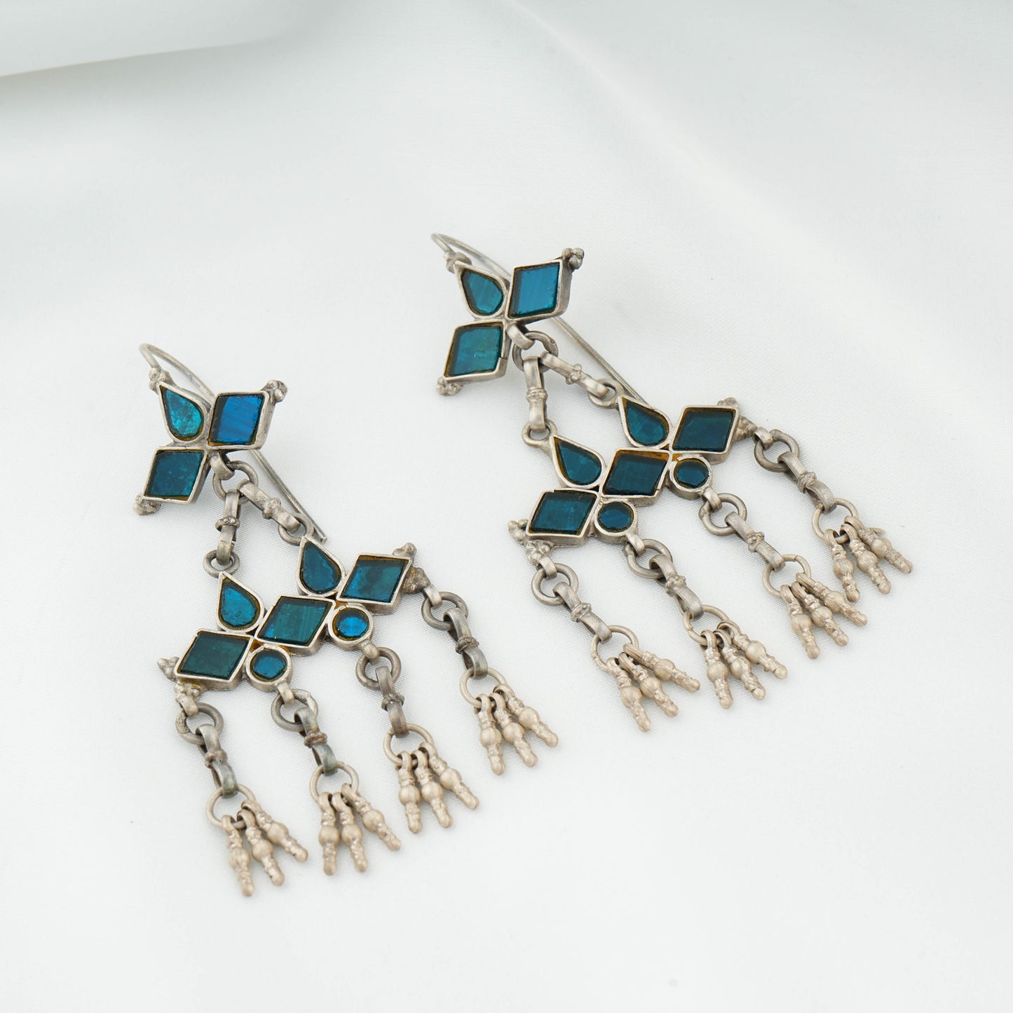 Madhu Chandrika Blue Barfi Silver Danglers