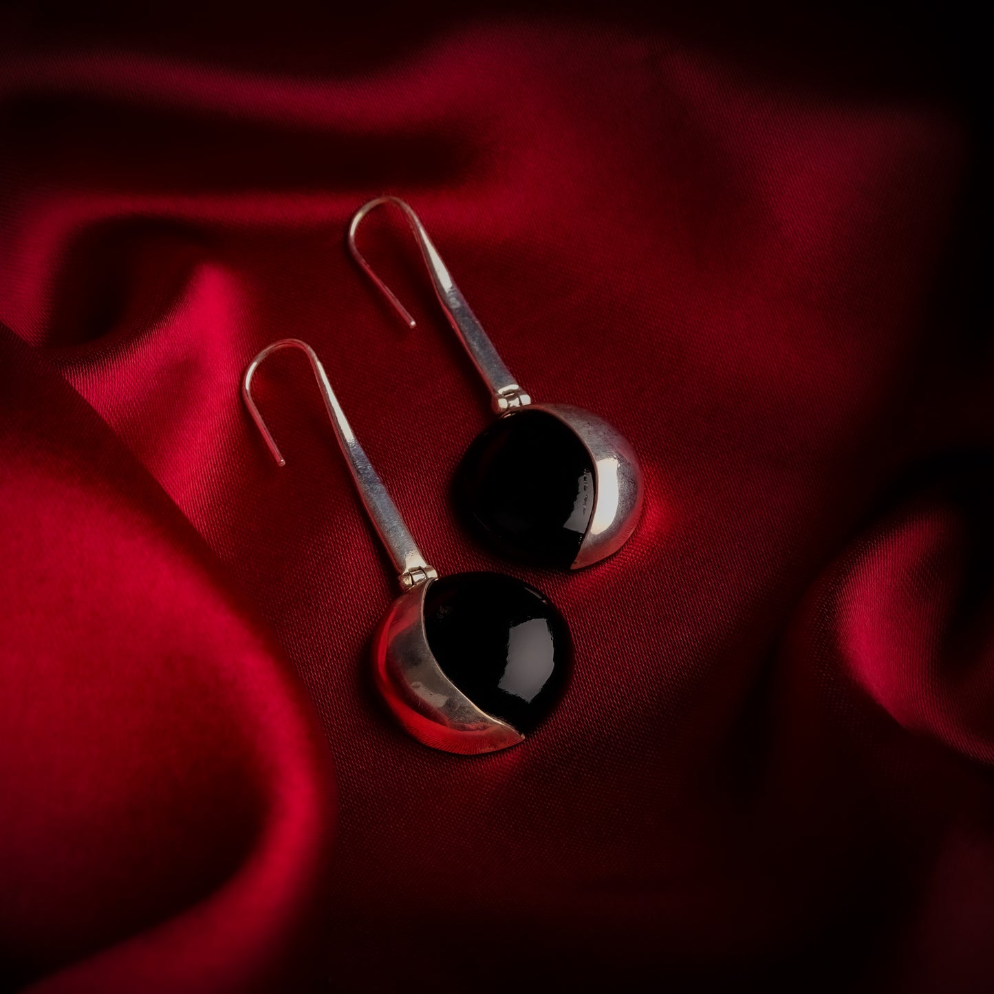 Black Onyx Silver Moon Earrings