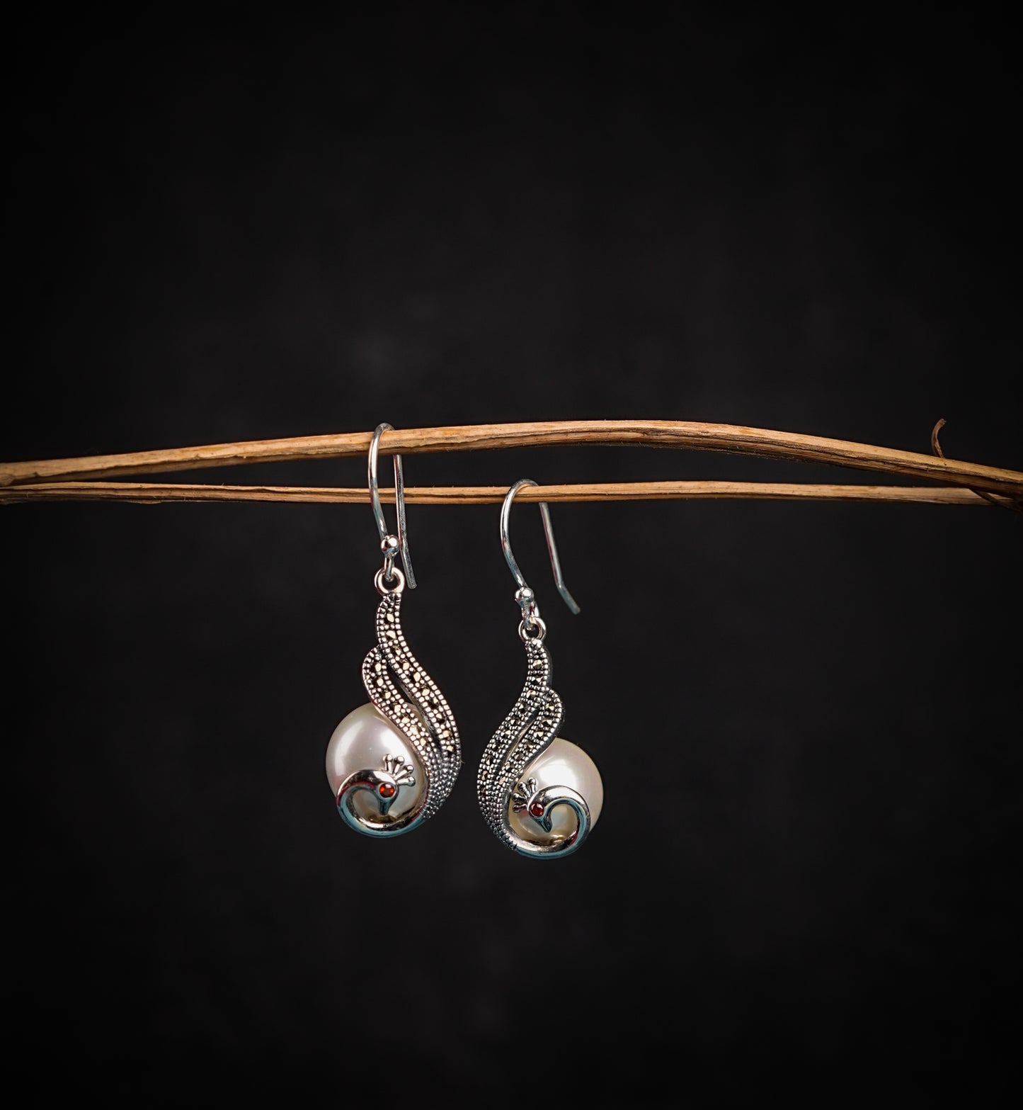 Silver Marcasite Peacock Pearl Earrings