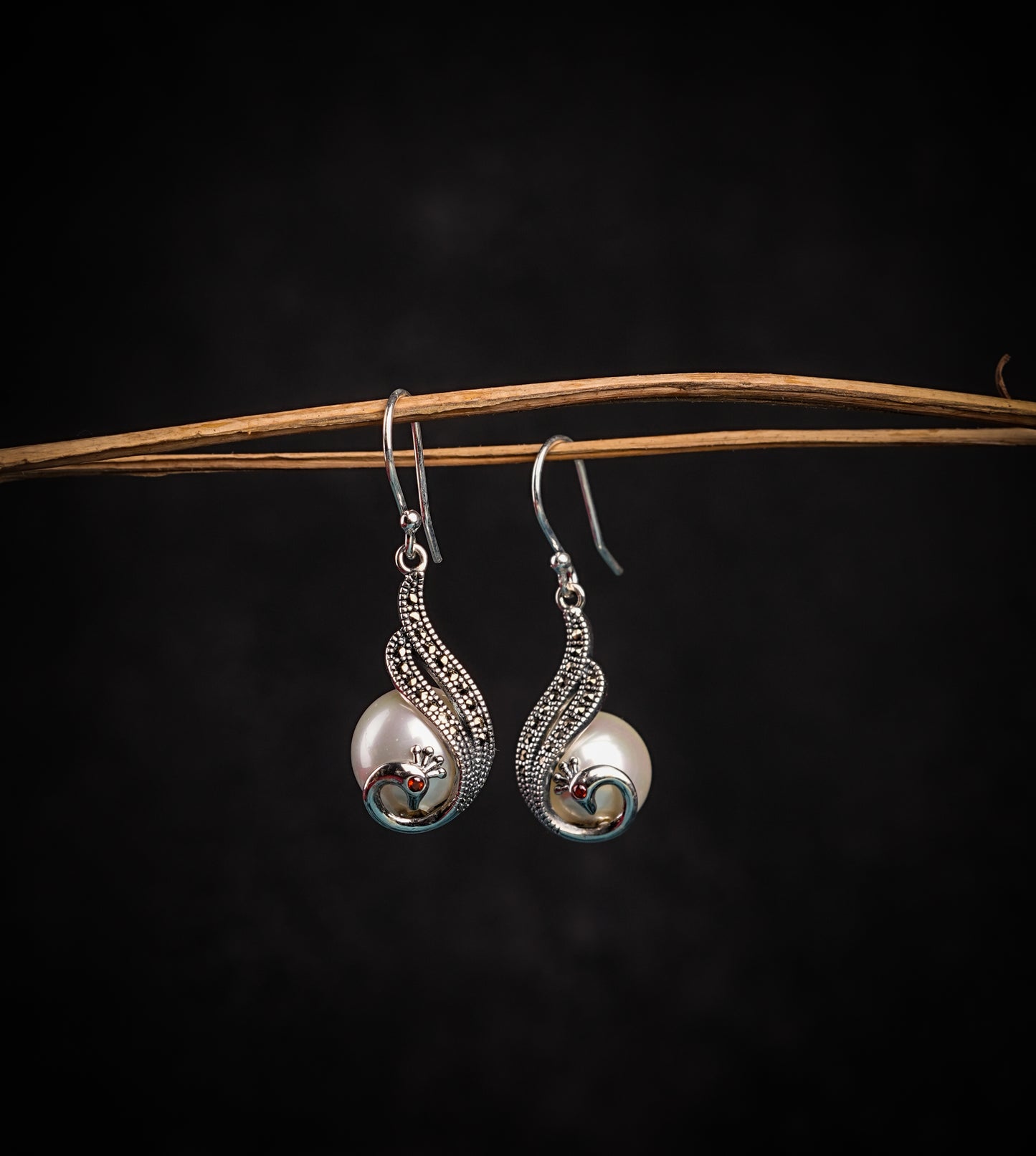 Silver Marcasite Peacock Pearl Earrings