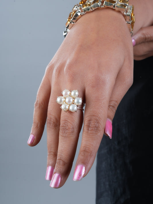 Silver Pearl Flower Ring