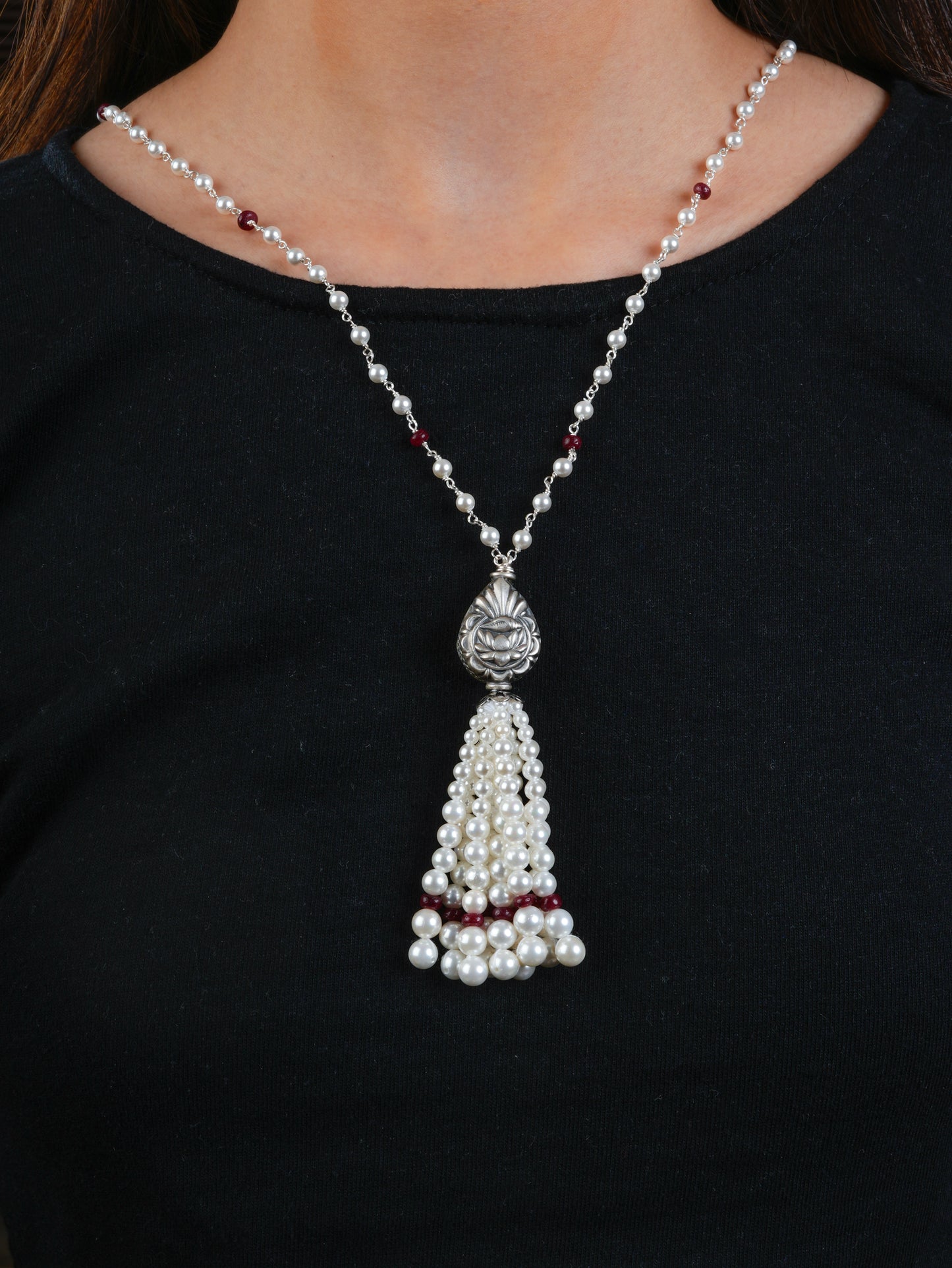 Silver Rubies And Pearls Tasseled Long Necklace