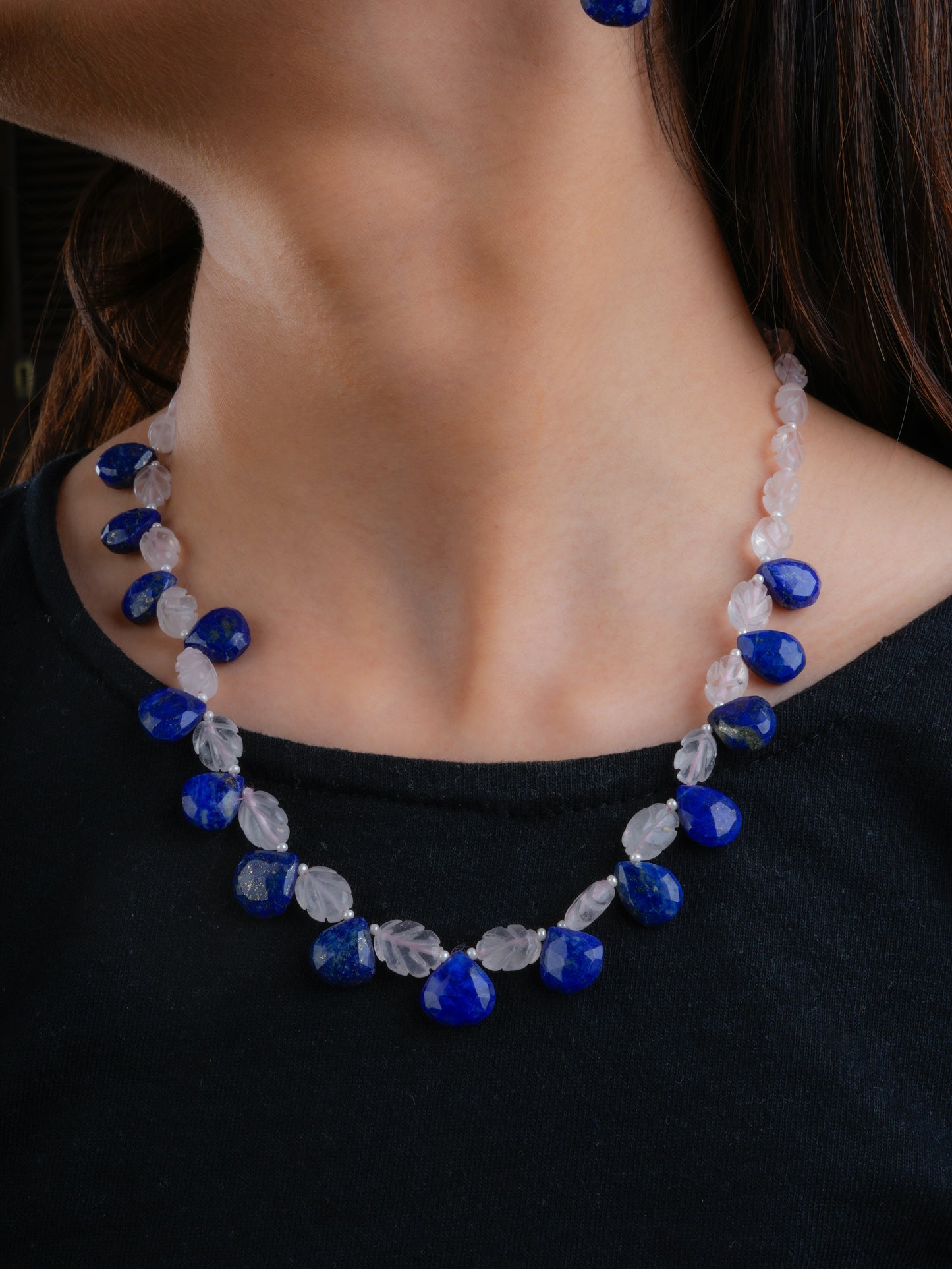 Lapis Lazuli And Rose Quartz Leaves Necklace Set