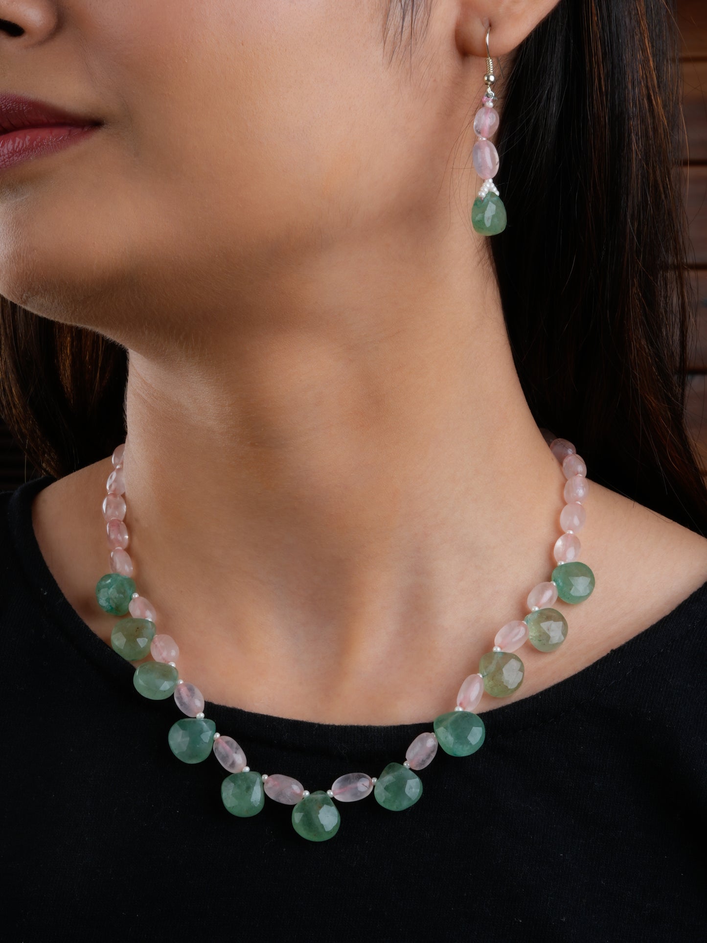 Rose Quartz And Pastel Green Necklace Set