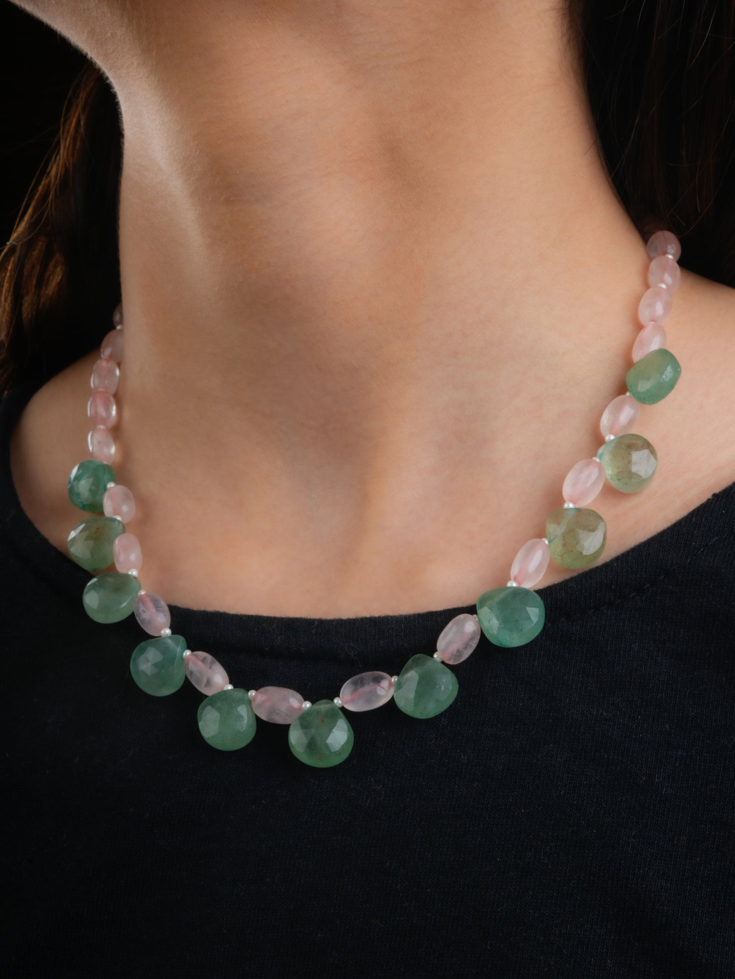 Rose Quartz And Pastel Green Necklace Set