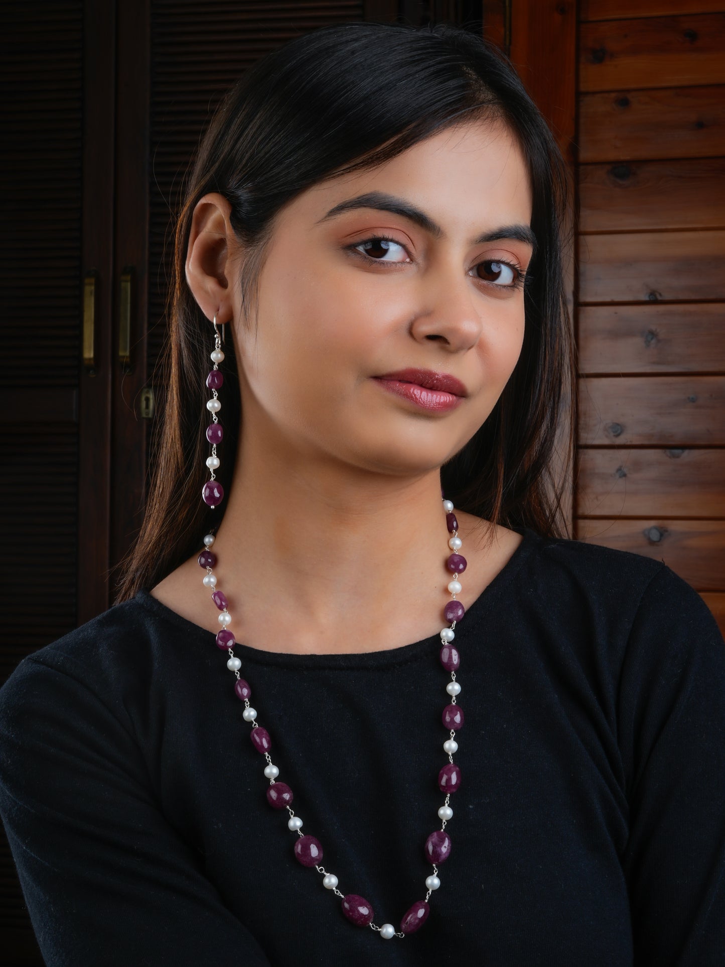 Natural Ruby Pearl In Silver Danglers