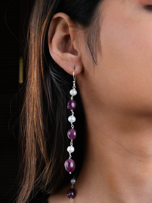 Natural Ruby Pearl In Silver Danglers