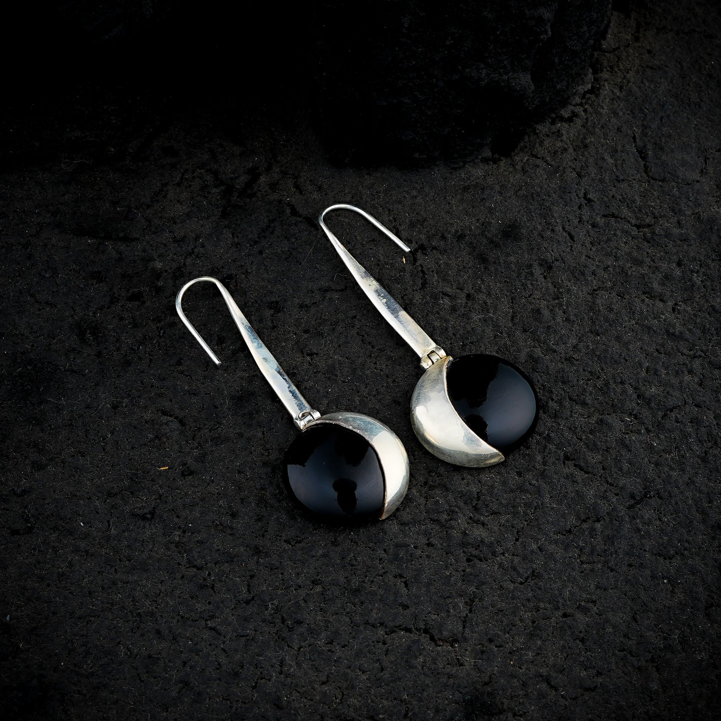 Black Onyx Silver Moon Earrings