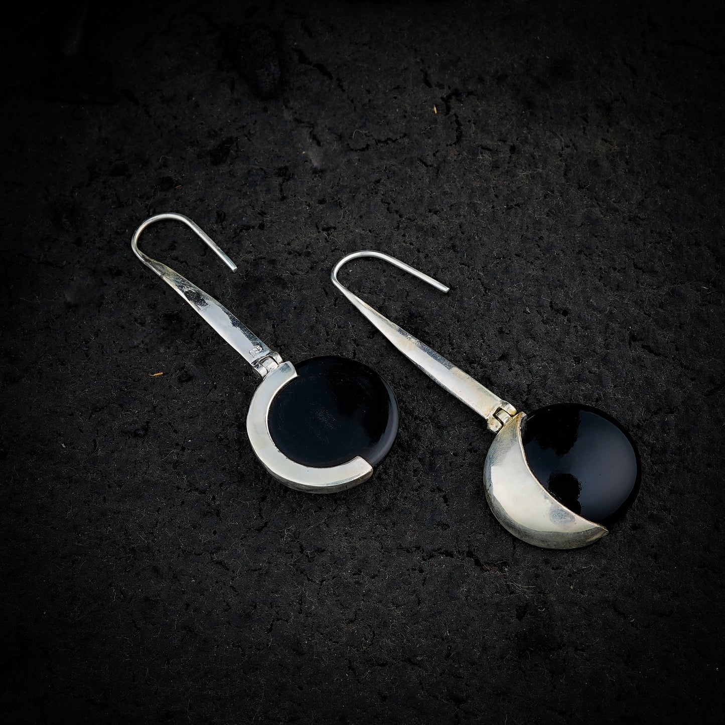 Black Onyx Silver Moon Earrings