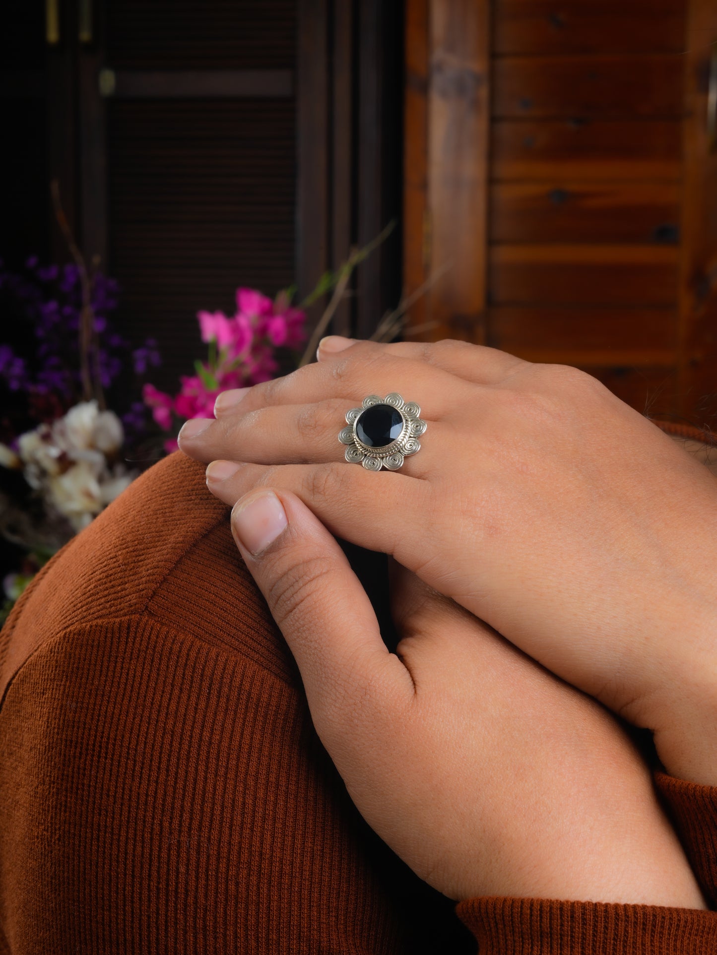 Black Onyx Silver Flower Ring