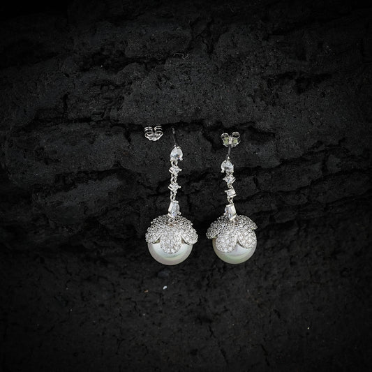 Silver Pearl Zircon Flower Earrings