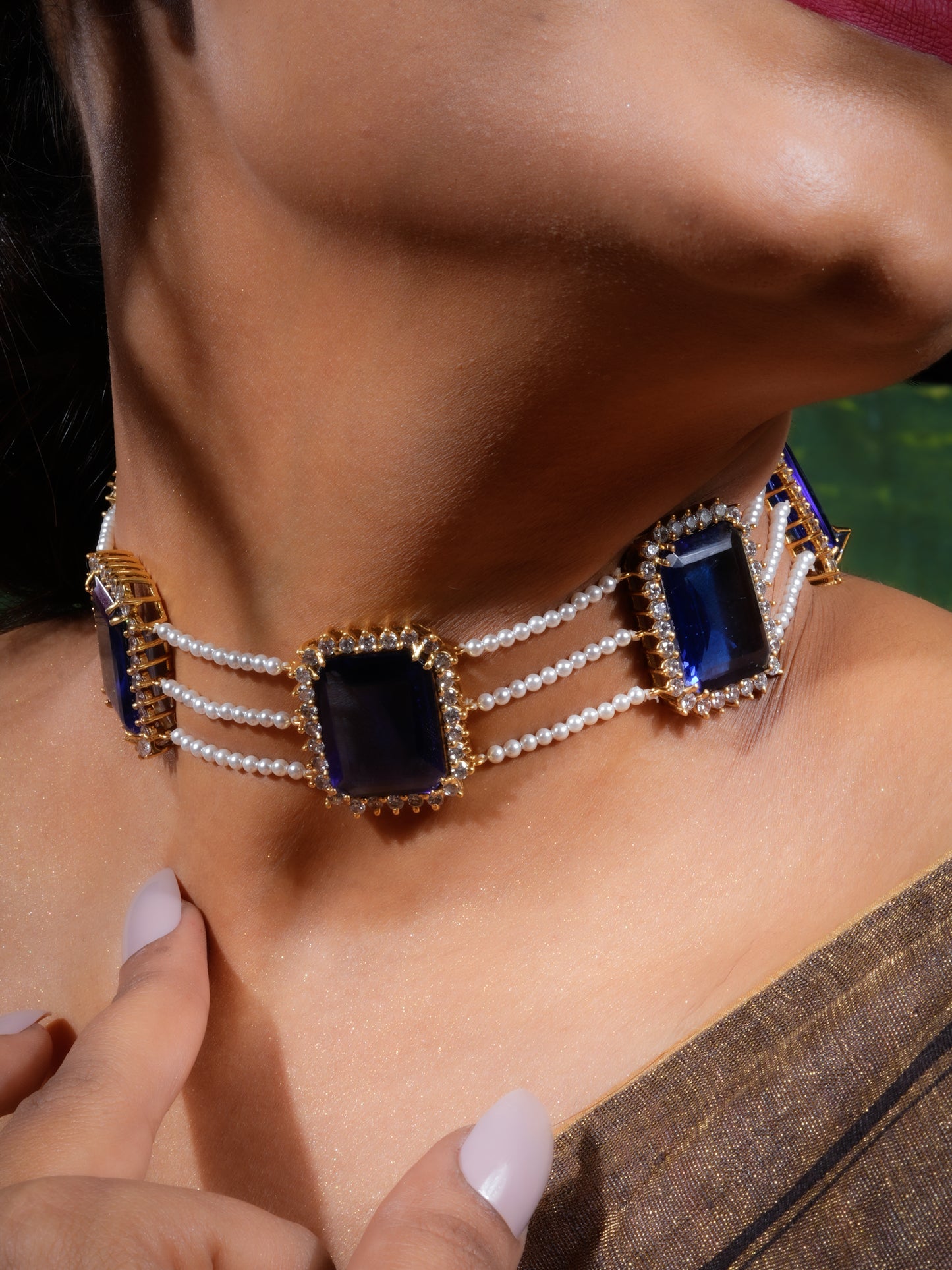 Sapphire Diamond Accent Pearl Choker Set