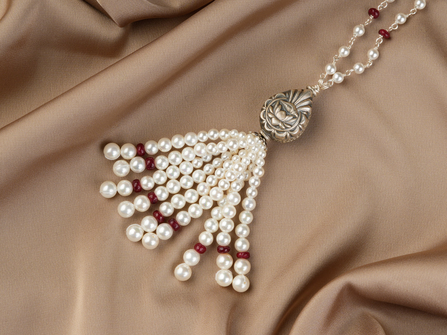 Silver Rubies And Pearls Tasseled Long Necklace