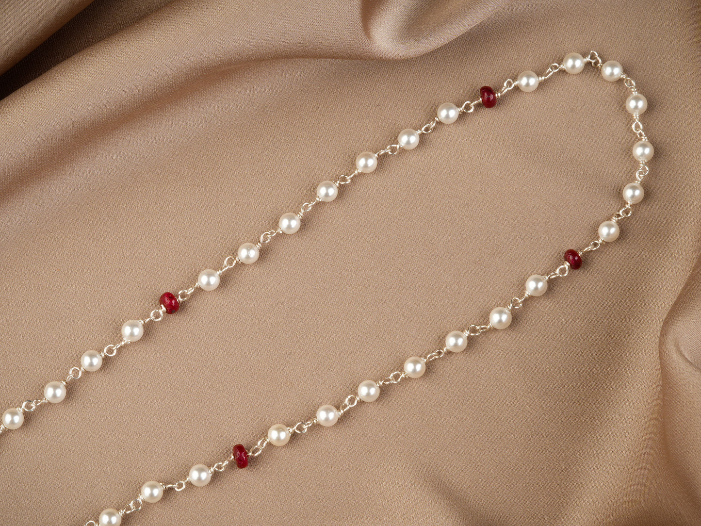 Silver Rubies And Pearls Tasseled Long Necklace