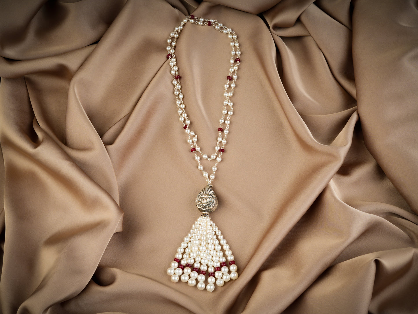 Silver Rubies And Pearls Tasseled Long Necklace