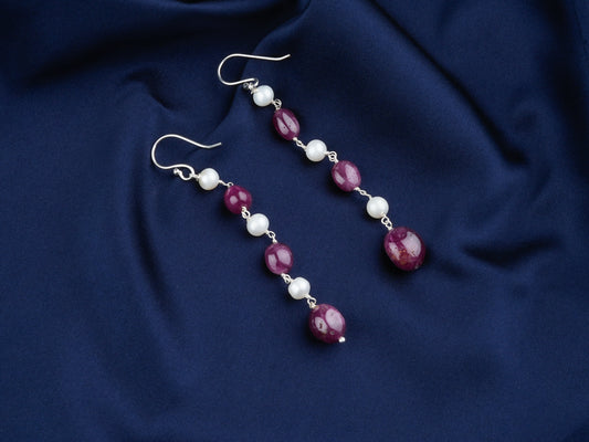 Natural Ruby Pearl In Silver Danglers