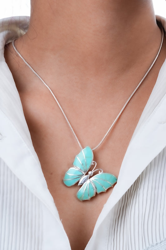 Turquoise Silver Butterfly Pendant