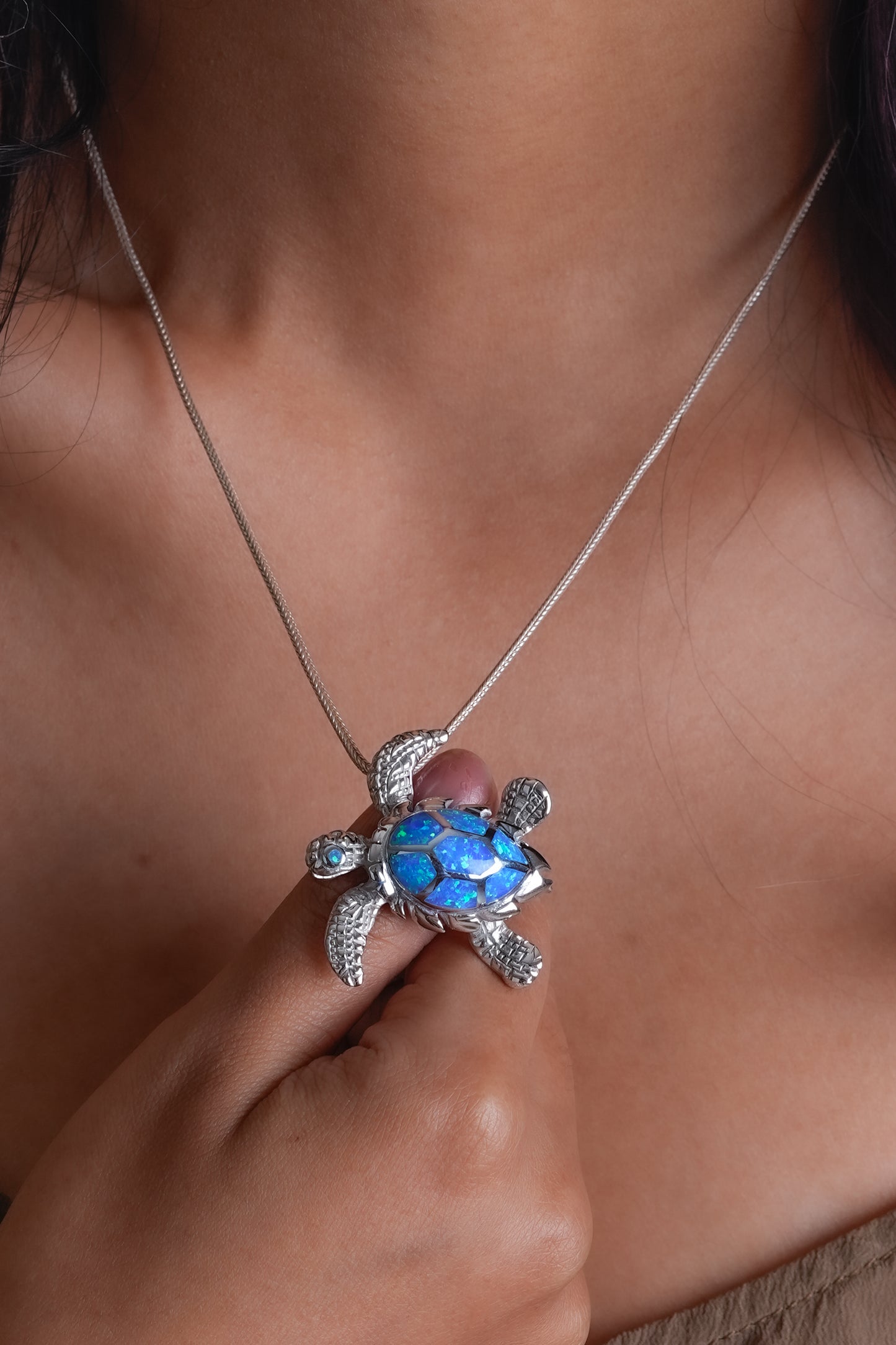 Playful Blue Opal Silver Turtle Pendant