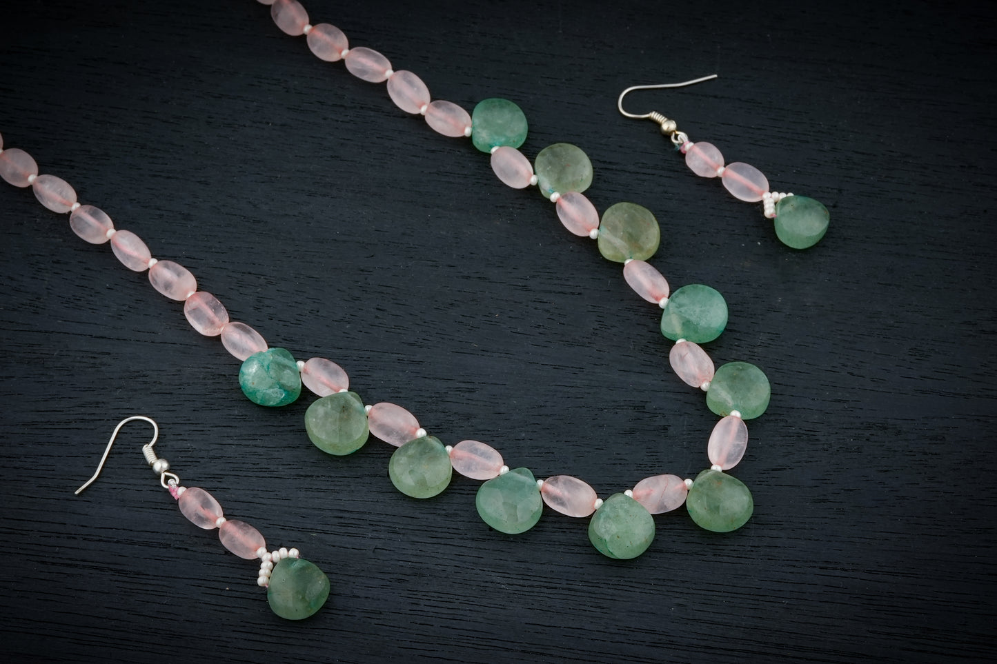 Rose Quartz And Pastel Green Necklace Set