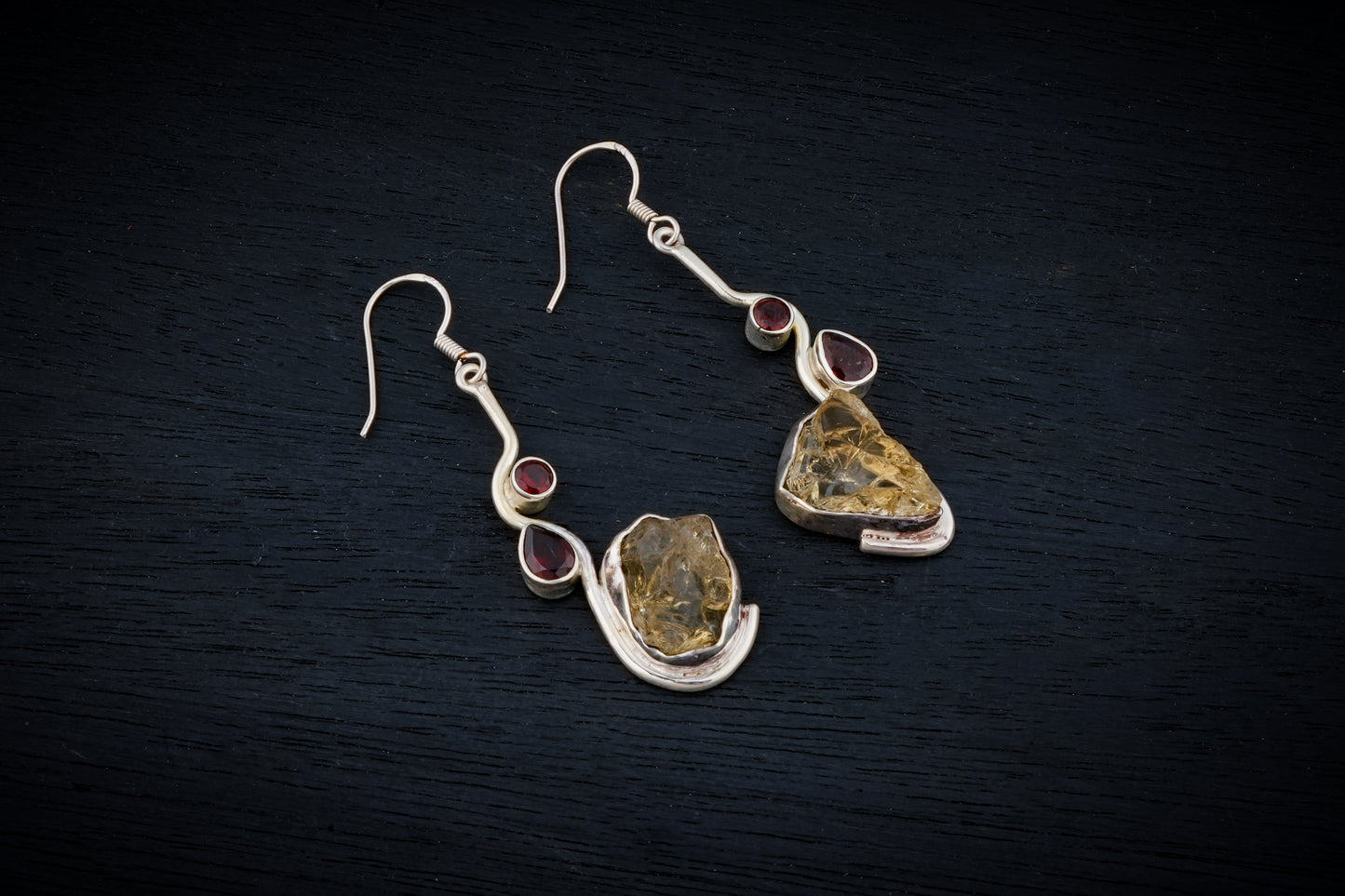 Uncut Citrines And Garnets Silver Danglers