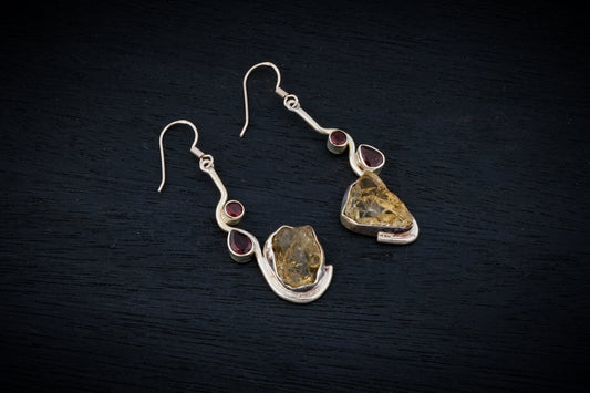 Uncut Citrines And Garnets Silver Danglers