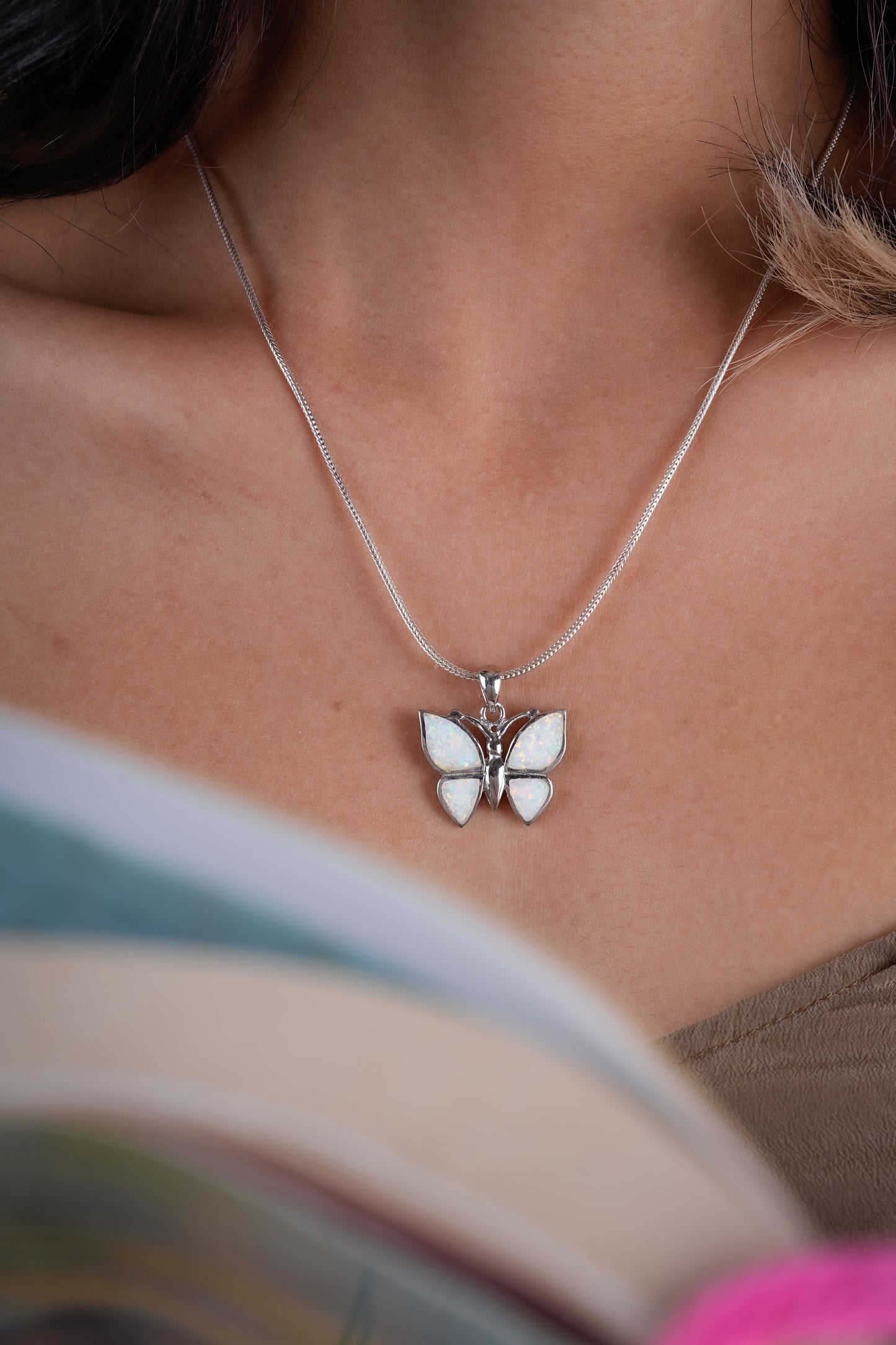 Rainbow Silver Opal  Butterfly Pendant