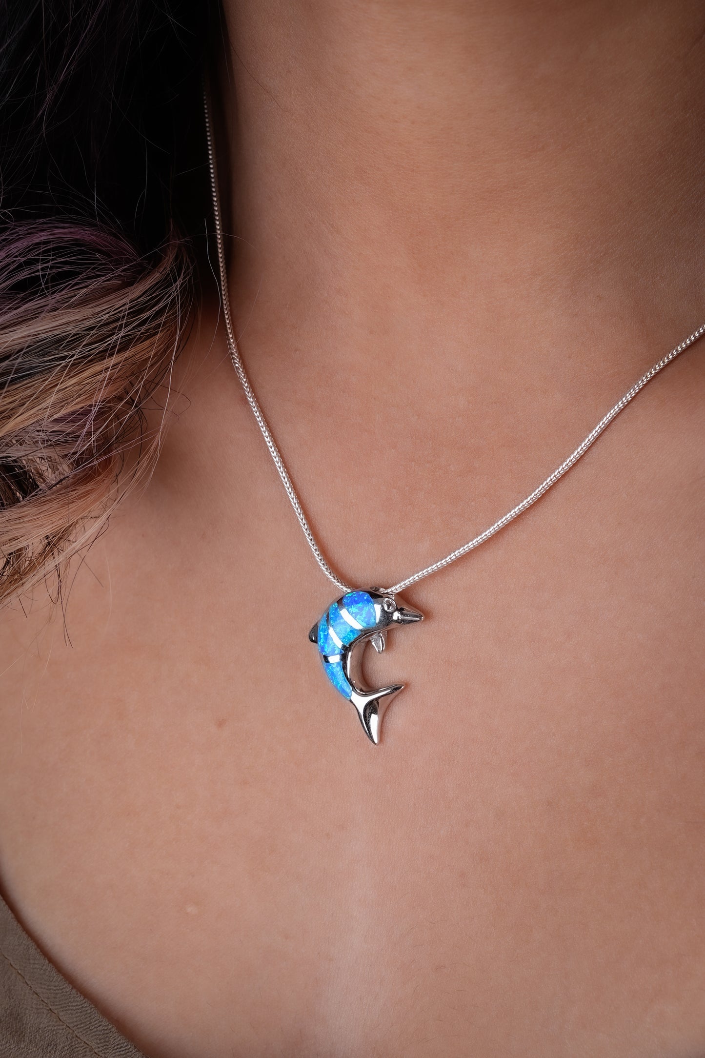 Opal Blue Silver Dolphin Pendant