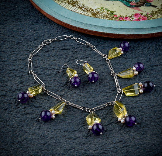 Vibrant Amethyst Lemon Topaz And Pearls Necklace Set