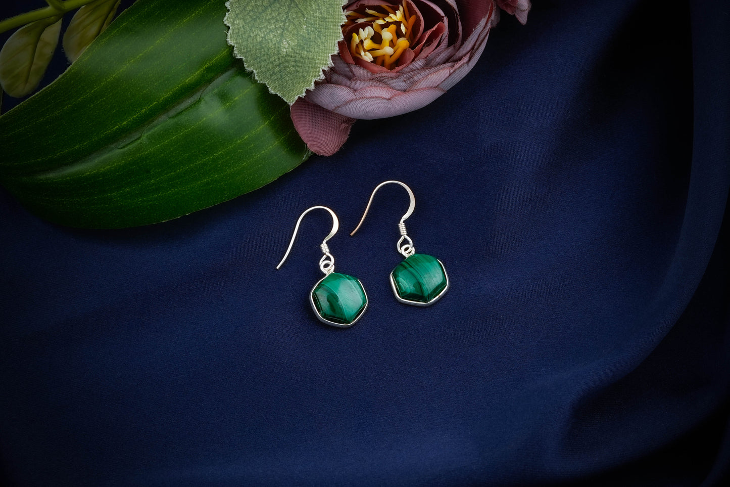 Hexagonal Stone Drop Silver Earrings