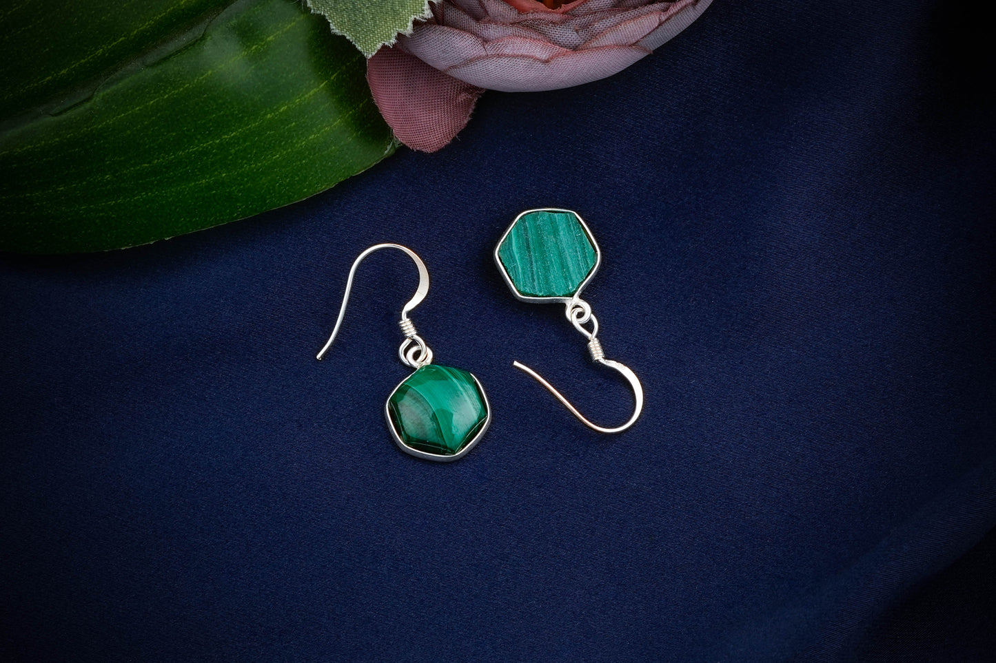 Hexagonal Stone Drop Silver Earrings