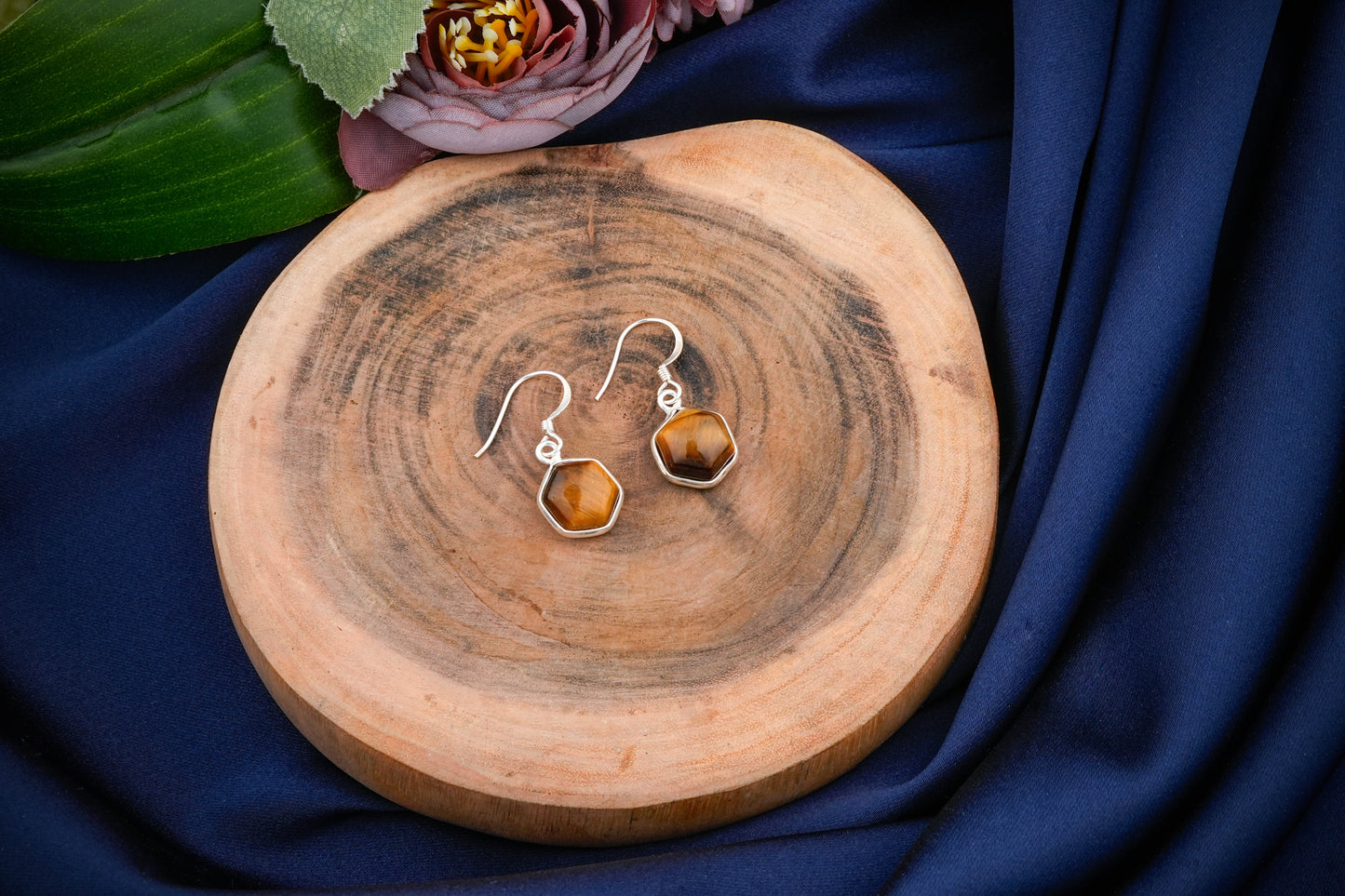 Hexagonal Stone Drop Silver Earrings