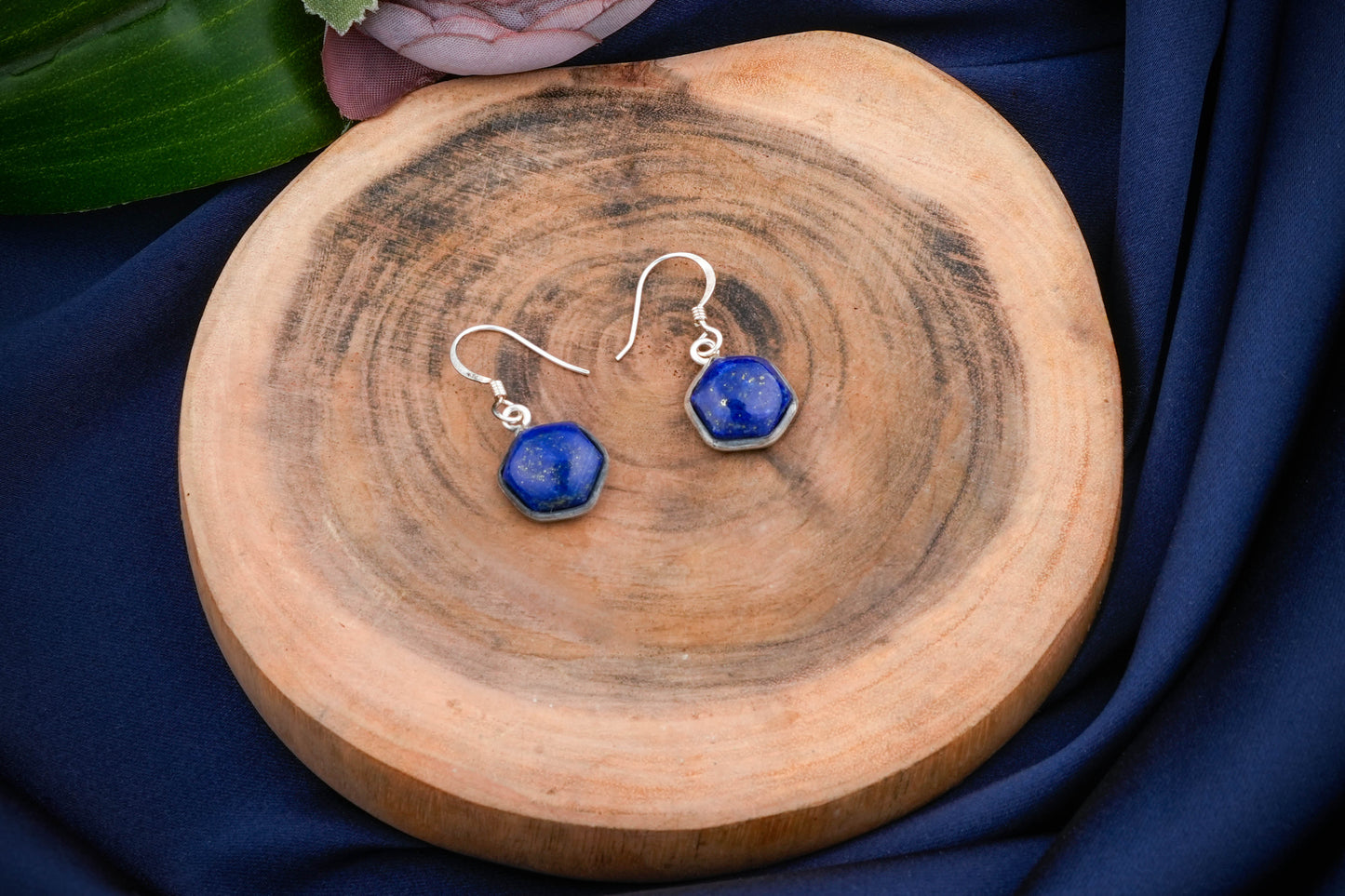 Hexagonal Stone Drop Silver Earrings