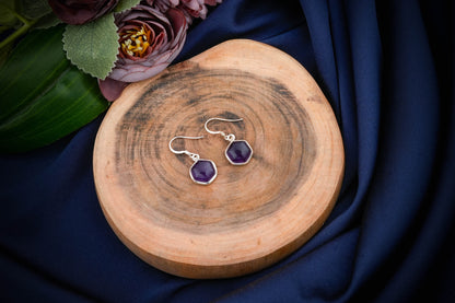Hexagonal Stone Drop Silver Earrings