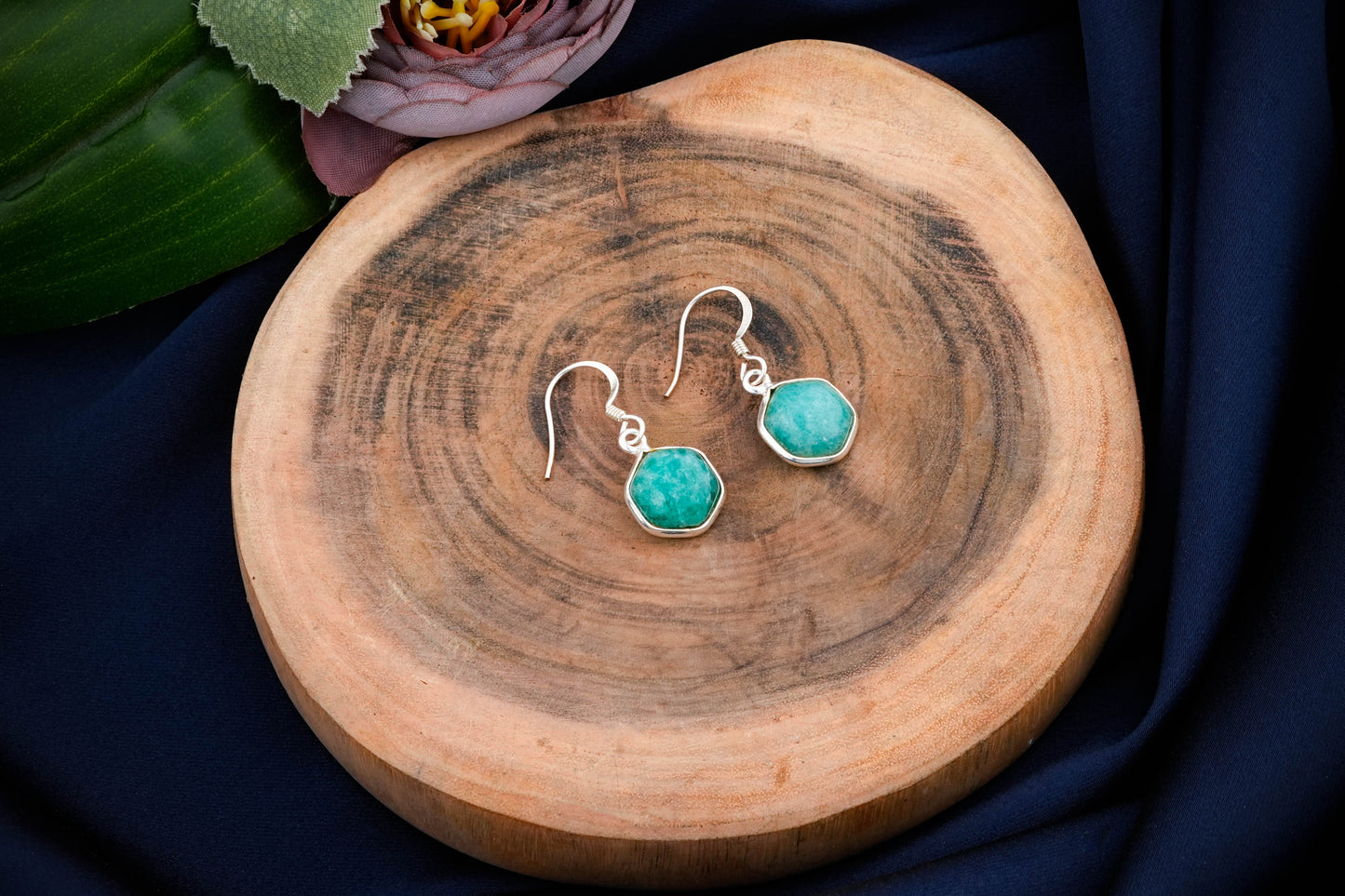 Hexagonal Stone Drop Silver Earrings