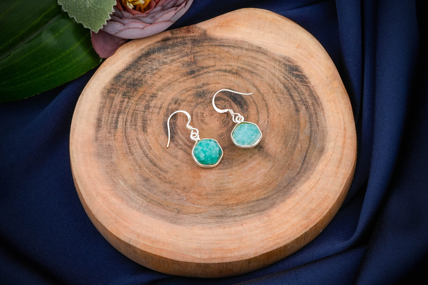 Hexagonal Stone Drop Silver Earrings