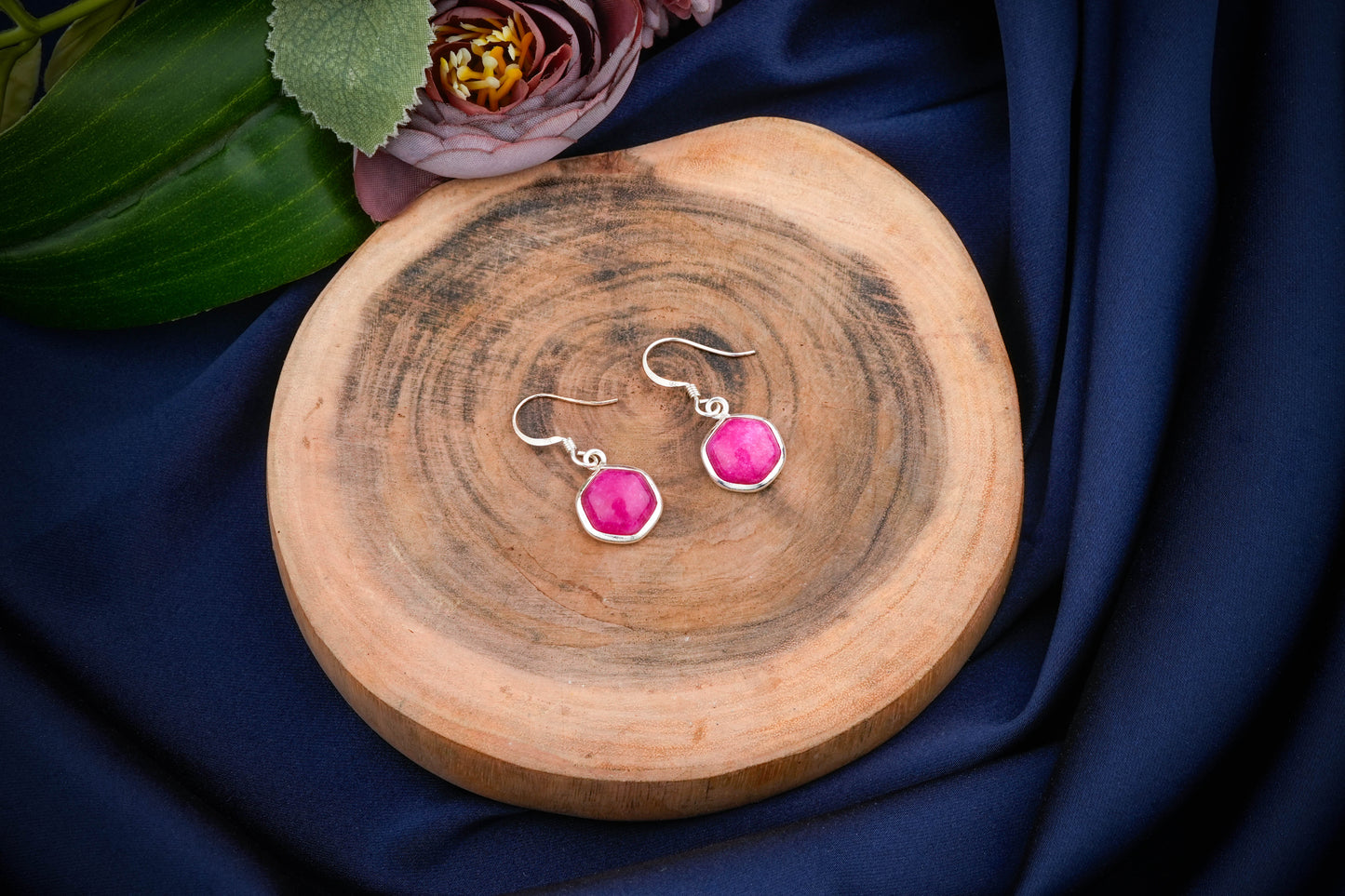 Hexagonal Stone Drop Silver Earrings