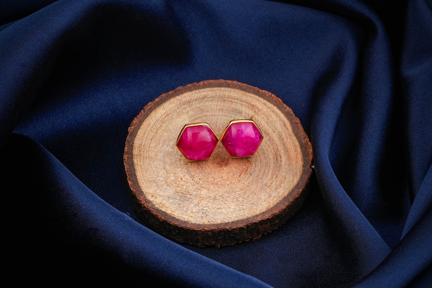 Hexagonal Semi Precious Stones Silver Studs