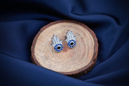 Silver Evil Eye Studs With Blue Stone