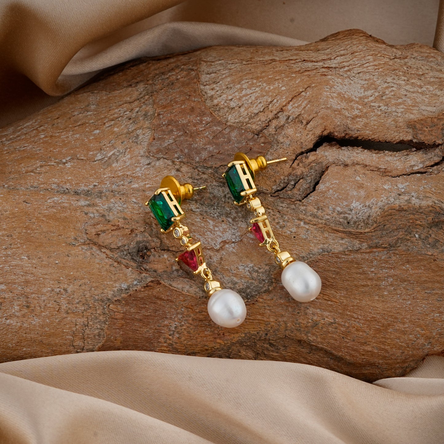 Emerald Ruby Pearl Earrings