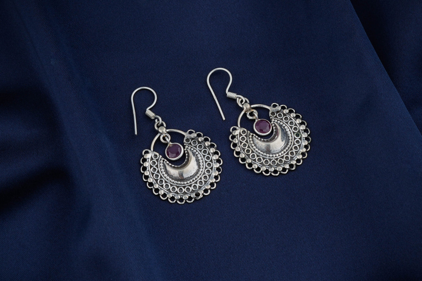 Silver Ruby Filigree Earrings