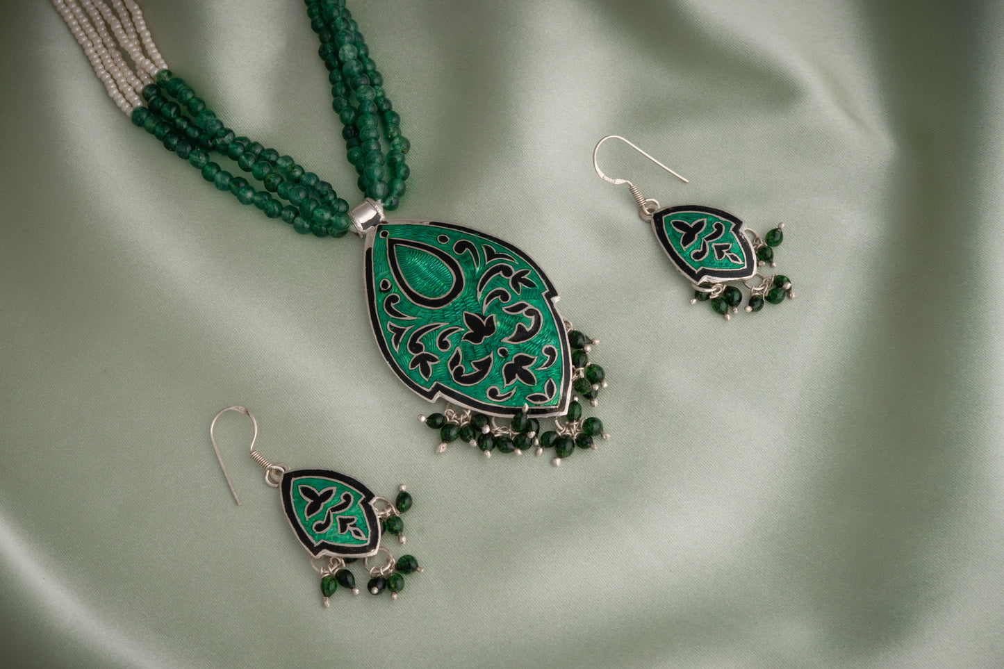Hand Painted Kashmir Kali Enamel Silver Necklace Set