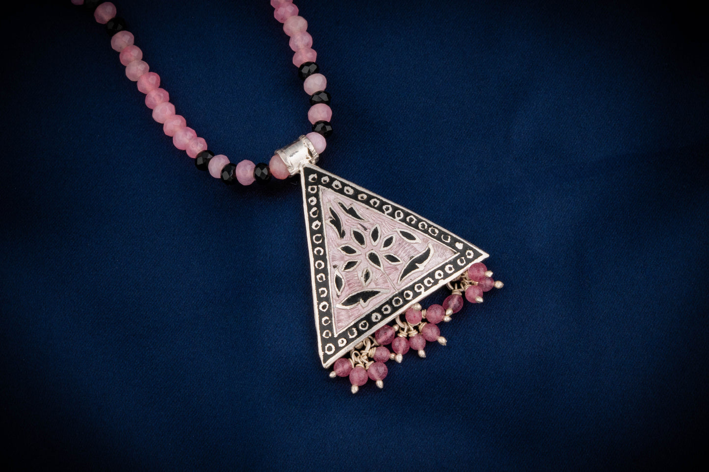 Hand Painted Pink Mystic Triangle Enamel Silver Necklace Set