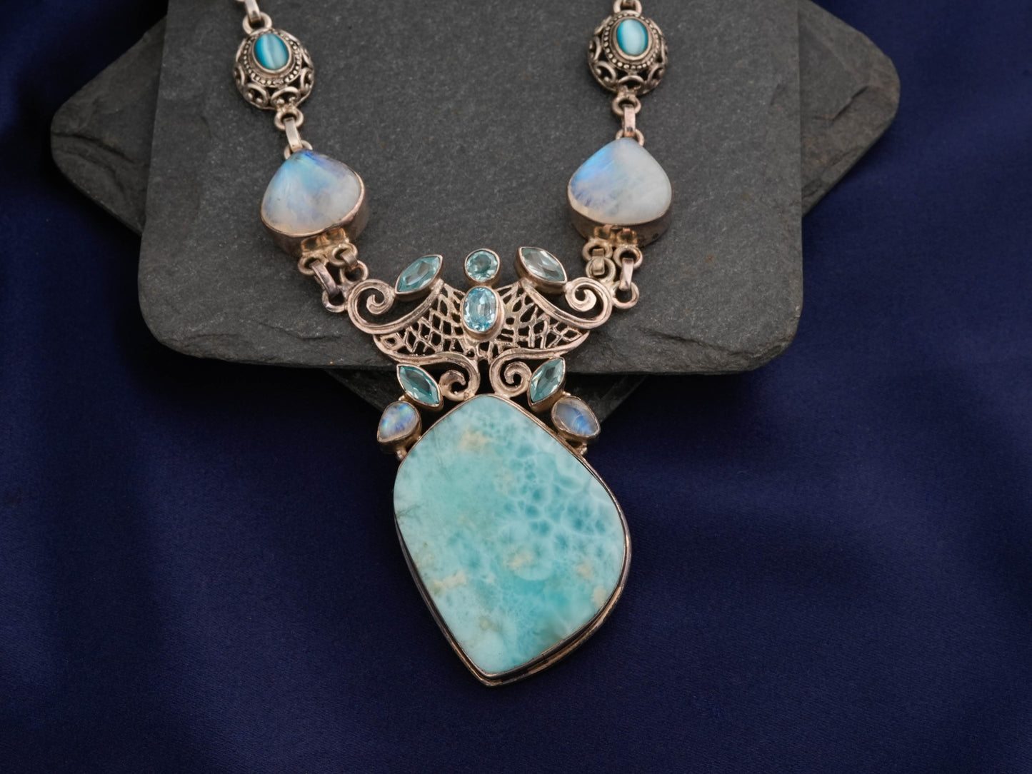 Larimar Multi Stone Silver Statement Necklace